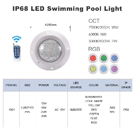 Tadpole 12V 18W Abs Remote Control Rgb Wall Mounted Ip68 Waterproof Led Swimming Pool Lights