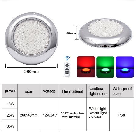 Tadpole Remote Control Colorful 12V Rgb Stainless Steel Wall-Mounted Resin Filled Ip68 Waterproof Led Underwater Pool Light