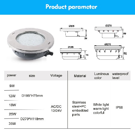 Tadpole IP68 Waterproof 12V SMD2835 Stainless Steel Embedded Spa Led Pools Underwater Light